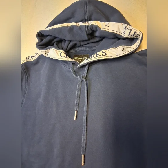 Crooks & Castles Navy Hoodie with White Branded Sleeve Tape - Picture 4 of 5